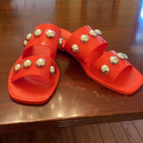 Schutz Red Slide Sandals with Gold Accents - Picture 2 of 6